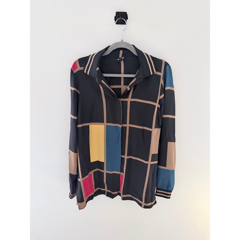W by Worth Black Geo-Block Button-Up Blouse with Blue, Yellow & Pink Accents